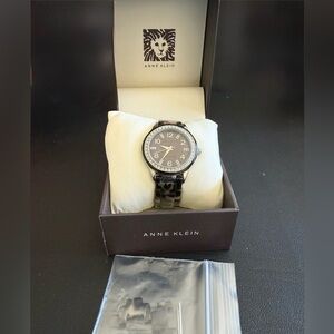 Anne Klein Black Tortoise Resin Bracelet Watch with Crystal Bezel